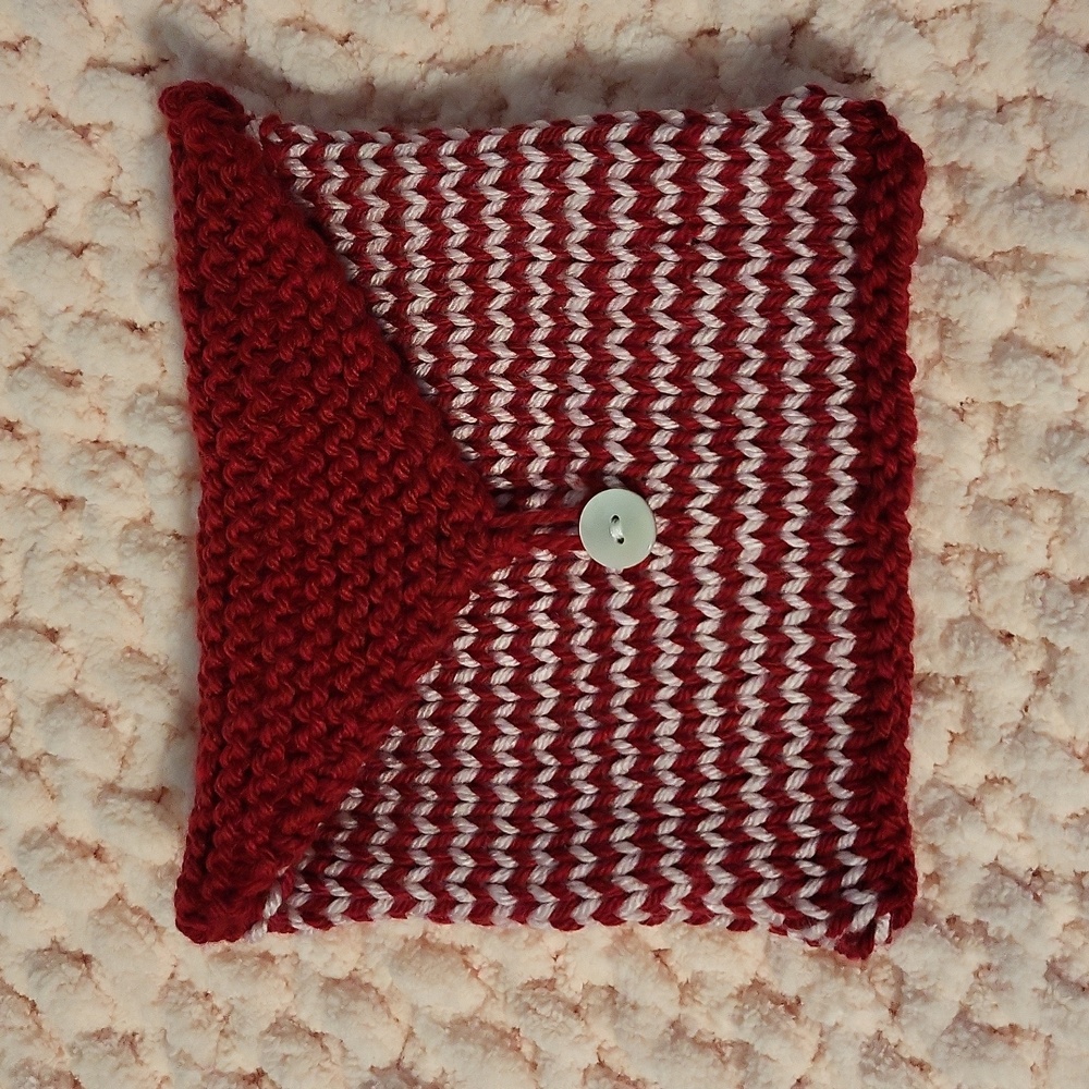 Hand Crafted Knit Giftcard Holder red and pink striped 6 inch by 5 inch